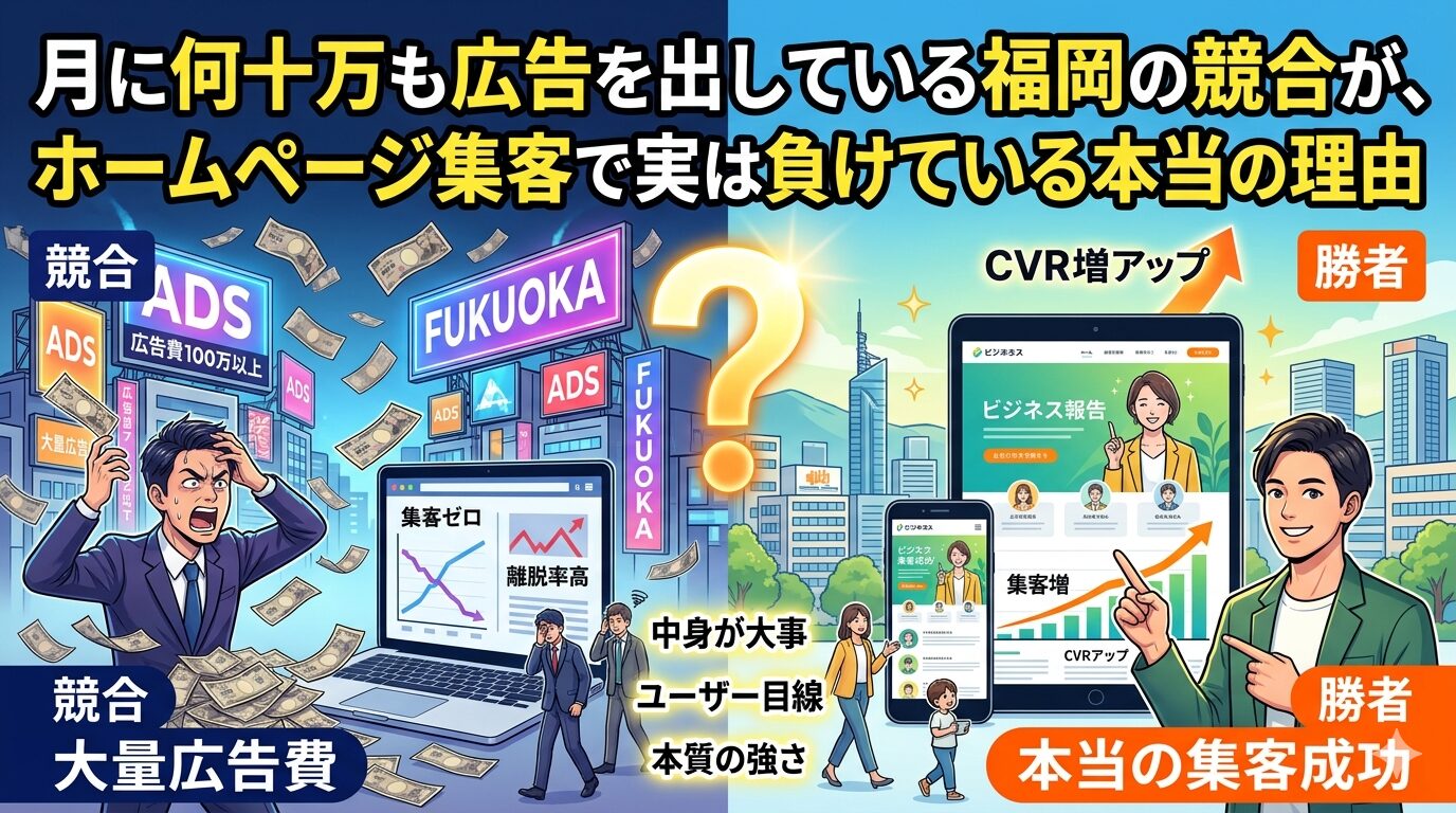 福岡の街並みを背景にしたインフォグラフィックイラスト。左側の「競合」エリアでは、大量の広告費を払いながらも集客ゼロで頭を抱える男性と、離脱率が高いパソコン画面が描かれている。右側の「勝者」エリアでは、ユーザー目線で作られたホームページ活用で集客増とCVR(コンバージョン率)アップに成功し、笑顔で指差す男性とスマートフォン・タブレット画面が描かれている。中央には巨大なクエスチョンマークがある。