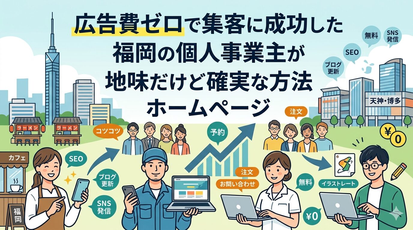 福岡でホームページ集客に成功した個人事業主のイラスト解説図。カフェ店主・職人・看護師・デザイナーなど多業種の事業主がSEO・ブログ更新・SNS発信で広告費ゼロの集客を実現し、予約・注文・お問い合わせを獲得している様子を天神・博多を背景に表現。