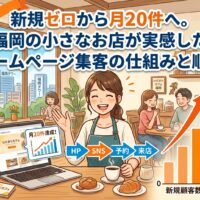 福岡の小さなカフェがホームページ集客の仕組みを整えたことで新規顧客数が月20件に増加した事例を示すイラスト画像
