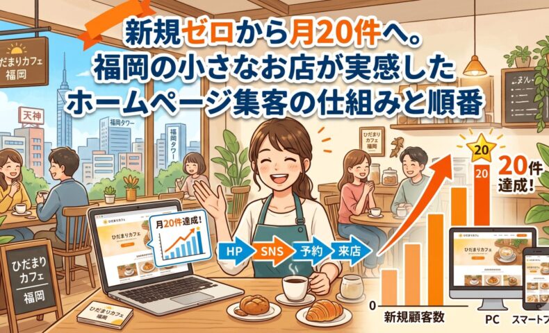 福岡の小さなカフェがホームページ集客の仕組みを整えたことで新規顧客数が月20件に増加した事例を示すイラスト画像