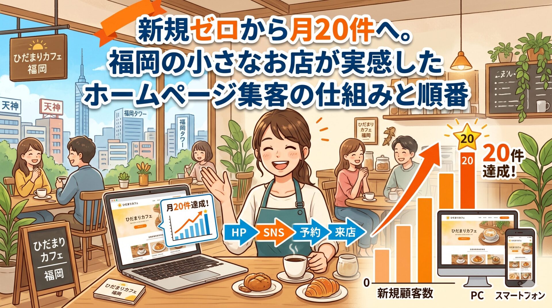 福岡の小さなカフェがホームページ集客の仕組みを整えたことで新規顧客数が月20件に増加した事例を示すイラスト画像