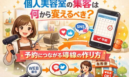 個人美容室の集客方法をSNSと予約導線で改善する仕組みを図解したアイキャッチ画像