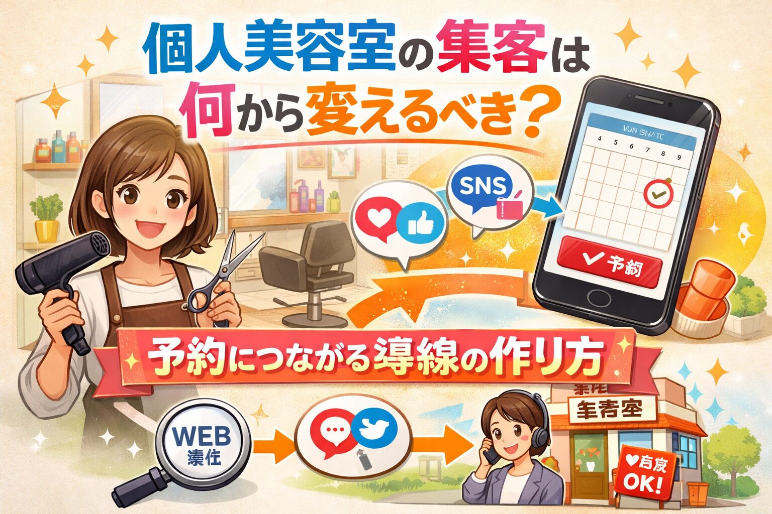 個人美容室の集客方法をSNSと予約導線で改善する仕組みを図解したアイキャッチ画像