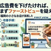 福岡の小さなお店がホームページのファーストビューを改善した手順を図解したアイキャッチ画像。BEFORE状態の崩れたスマートフォン画面と、現状分析・仮説立案・施策実施・効果検証の4ステップ、改善後のPC・スマホ画面を並べて視覚的に解説。