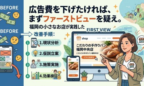 福岡の小さなお店がホームページのファーストビューを改善した手順を図解したアイキャッチ画像。BEFORE状態の崩れたスマートフォン画面と、現状分析・仮説立案・施策実施・効果検証の4ステップ、改善後のPC・スマホ画面を並べて視覚的に解説。