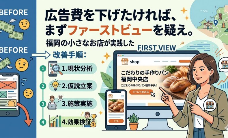 福岡の小さなお店がホームページのファーストビューを改善した手順を図解したアイキャッチ画像。BEFORE状態の崩れたスマートフォン画面と、現状分析・仮説立案・施策実施・効果検証の4ステップ、改善後のPC・スマホ画面を並べて視覚的に解説。