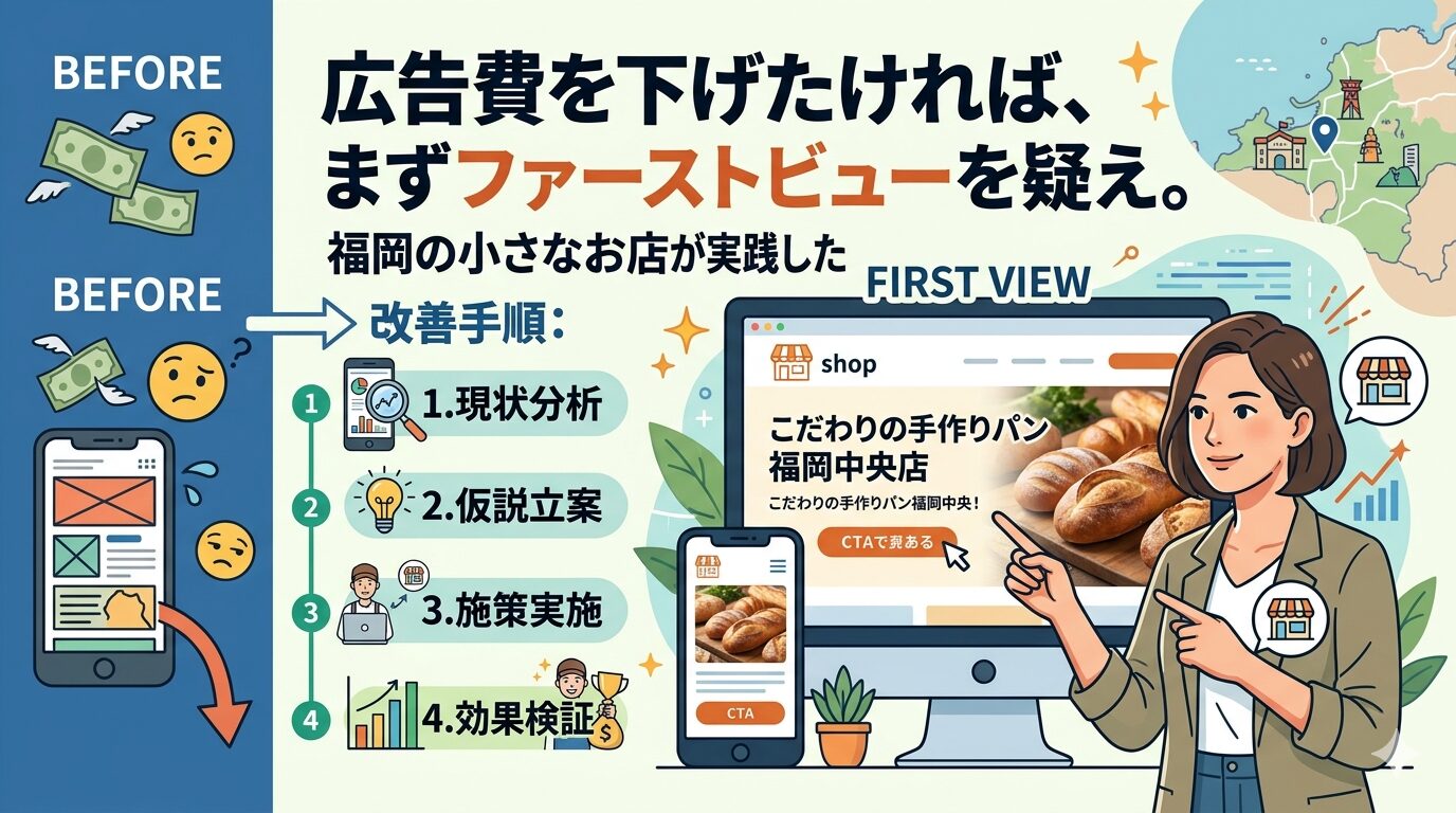 福岡の小さなお店がホームページのファーストビューを改善した手順を図解したアイキャッチ画像。BEFORE状態の崩れたスマートフォン画面と、現状分析・仮説立案・施策実施・効果検証の4ステップ、改善後のPC・スマホ画面を並べて視覚的に解説。