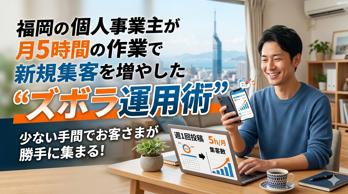 福岡の個人事業主が月5時間のホームページ運用で新規集客を増やした「ズボラ運用術」を実践する男性のイメージ。週1回投稿・5h/月で集客数が上昇するグラフを表示したPCとスマートフォンを操作している様子。