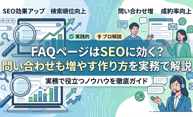 FAQページのSEO効果と問い合わせを増やす作り方を解説する記事のアイキャッチ画像。検索順位向上・問い合わせ増加・成約率向上をテーマに、キーワード検索・グラフ上昇・問い合わせ対応のイラストで構成。