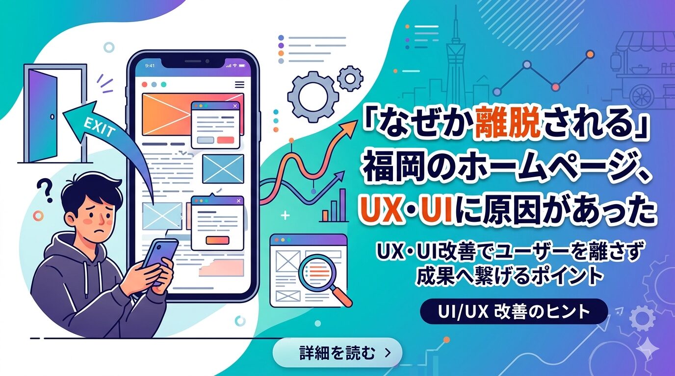 福岡のホームページでUX・UIに問題がある状態を、スマホを見て困惑する男性とEXIT(離脱)の矢印で表現したアイキャッチ画像