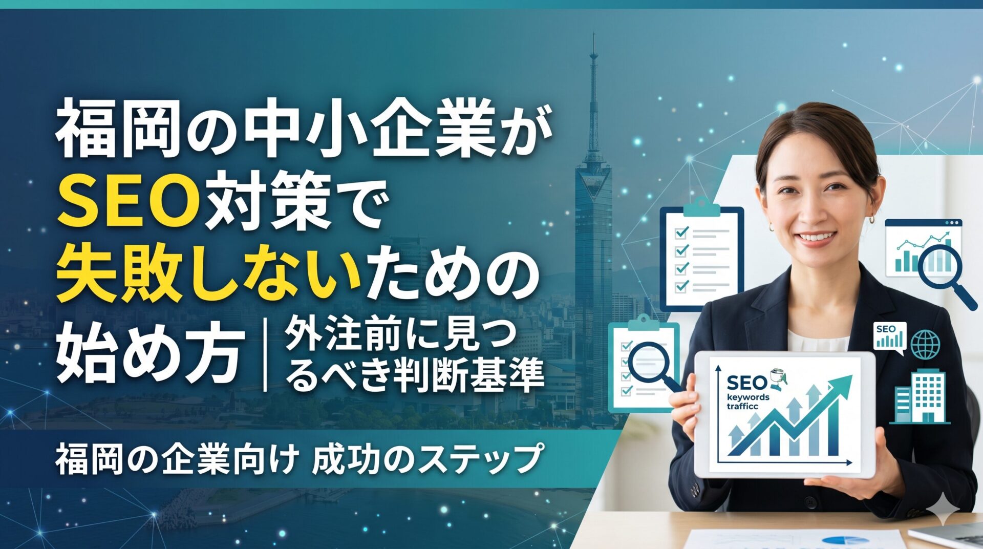 福岡の中小企業がSEO対策で失敗しないための始め方と外注前に見るべき判断基準を解説した記事のアイキャッチ画像。女性コンサルタントがSEOキーワード・トラフィックグラフを表示したタブレットを掲げ、チェックリスト・検索アイコン・建物などのアイコンと福岡タワーを背景に、成功のステップを表現。