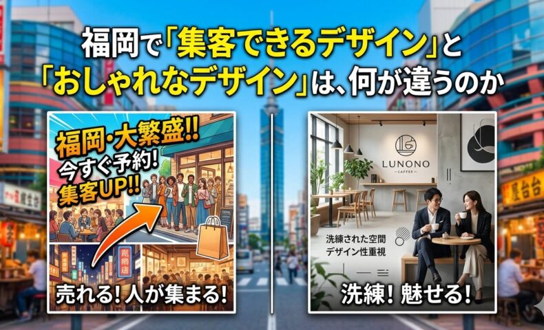 福岡で集客できるデザインとおしゃれなデザインの違いを、賑やかな集客重視サイトと洗練された空間デザインの2パターンで対比したアイキャッチ画像