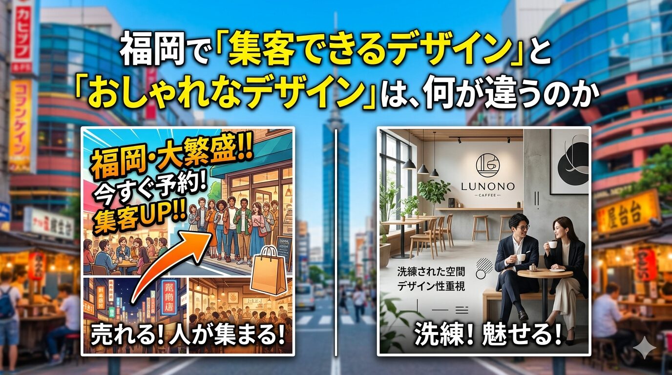 福岡で集客できるデザインとおしゃれなデザインの違いを、賑やかな集客重視サイトと洗練された空間デザインの2パターンで対比したアイキャッチ画像