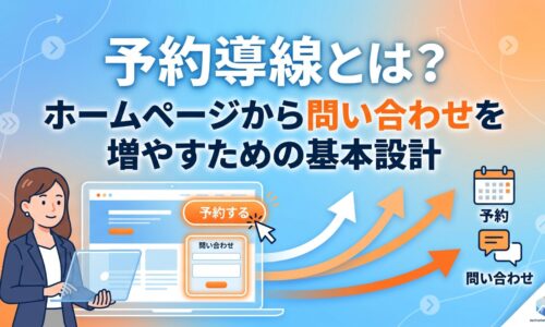 予約導線とは何かを解説するアイキャッチ画像。女性がノートパソコンを操作し、ホームページ上の「予約する」ボタンと問い合わせフォームから予約・問い合わせへとつながる導線の流れを矢印で図解。