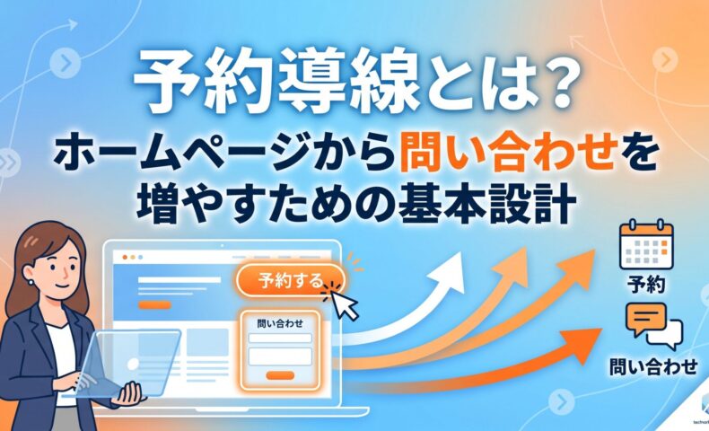 予約導線とは何かを解説するアイキャッチ画像。女性がノートパソコンを操作し、ホームページ上の「予約する」ボタンと問い合わせフォームから予約・問い合わせへとつながる導線の流れを矢印で図解。