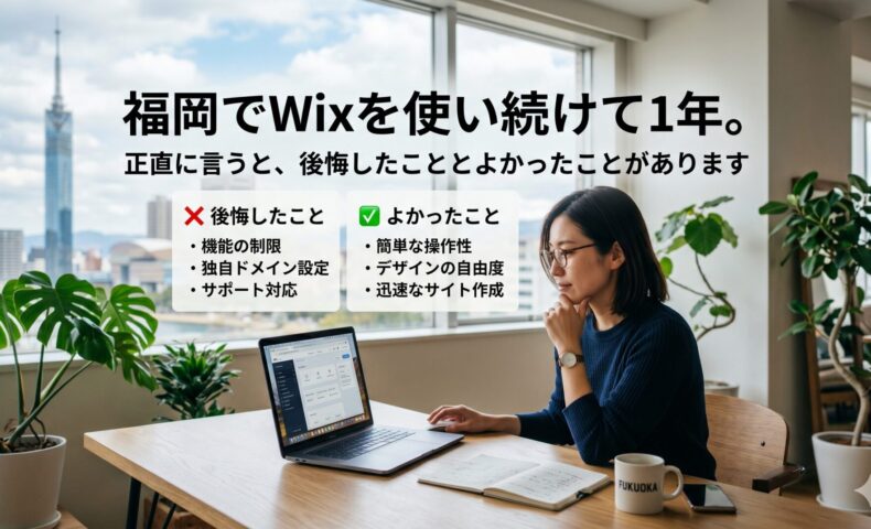 福岡タワーを背景に女性がWixサイトをノートパソコンで操作しながら考えている写真。後悔したこと（機能の制限・独自ドメイン設定・サポート対応）とよかったこと（簡単な操作性・デザインの自由度・迅速なサイト作成）を比較したアイキャッチ画像