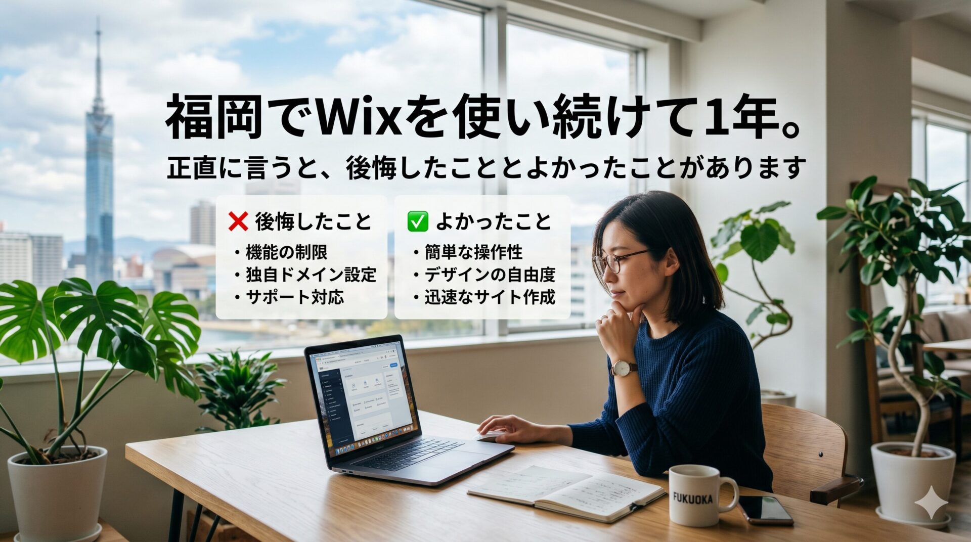福岡タワーを背景に女性がWixサイトをノートパソコンで操作しながら考えている写真。後悔したこと(機能の制限・独自ドメイン設定・サポート対応)とよかったこと(簡単な操作性・デザインの自由度・迅速なサイト作成)を比較したアイキャッチ画像