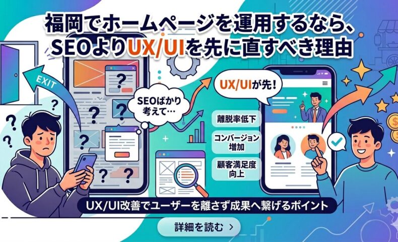 SEOばかり考えて困惑する男性と、UX/UIを先に改善して離脱率低下・コンバージョン増加・顧客満足度向上を実現した男性を対比したアイキャッチ画像