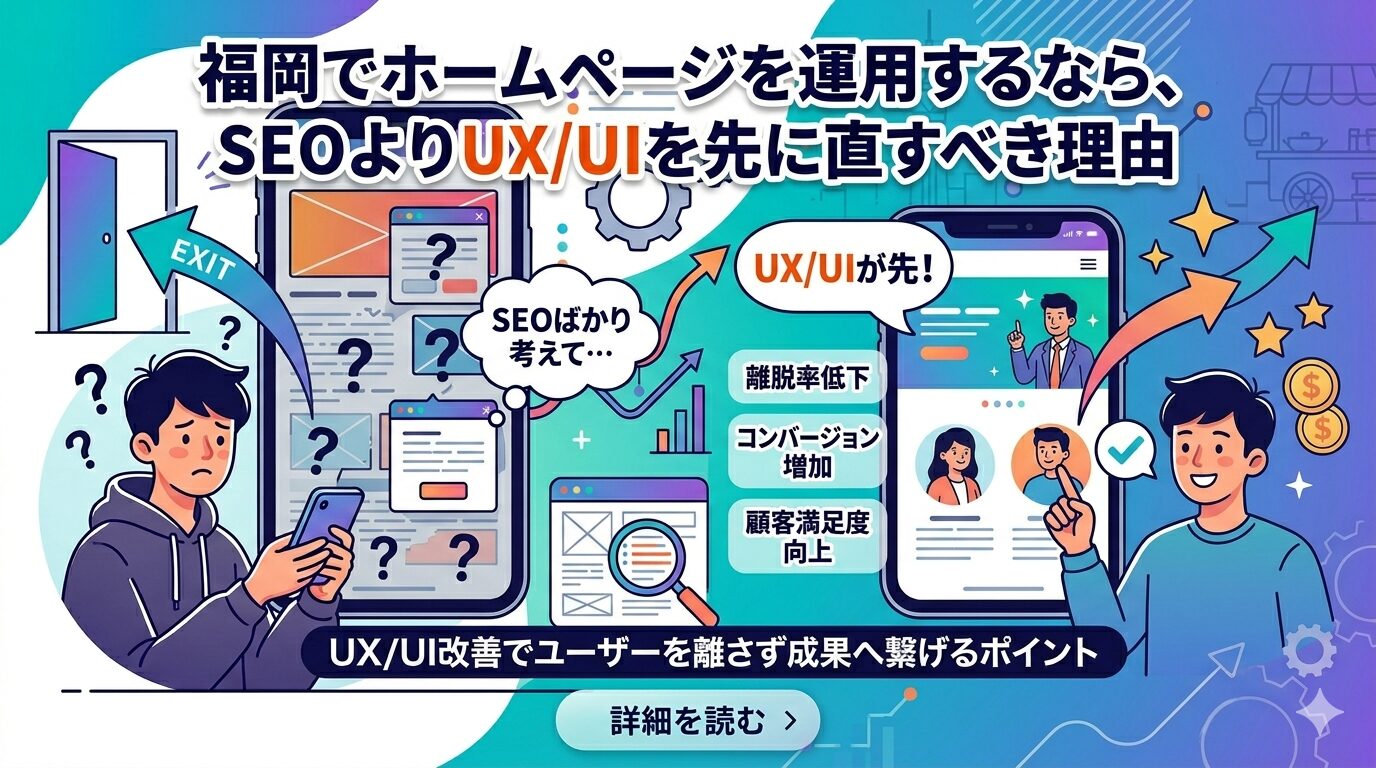 SEOばかり考えて困惑する男性と、UX/UIを先に改善して離脱率低下・コンバージョン増加・顧客満足度向上を実現した男性を対比したアイキャッチ画像