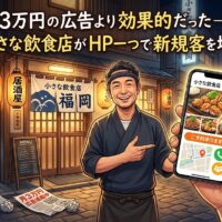 福岡の小さな飲食店オーナーがスマートフォンのホームページを見せながら笑顔で立つイラスト。新規客増加・予約UP・月3万円の広告より効果的という成果が吹き出しで表現されている。