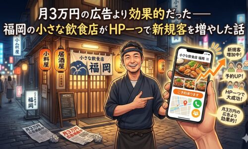 福岡の小さな飲食店オーナーがスマートフォンのホームページを見せながら笑顔で立つイラスト。新規客増加・予約UP・月3万円の広告より効果的という成果が吹き出しで表現されている。