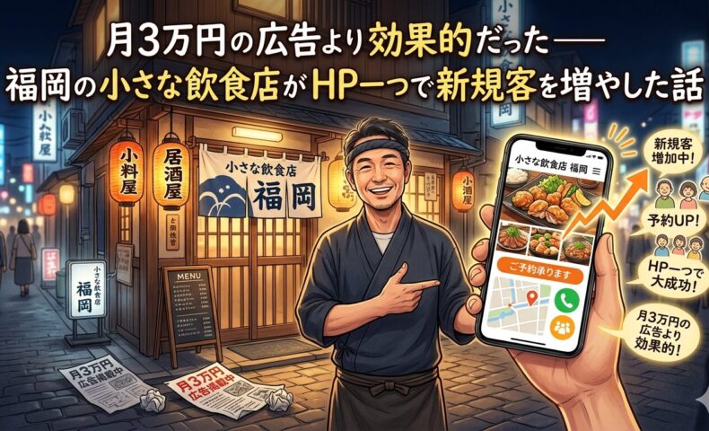 福岡の小さな飲食店オーナーがスマートフォンのホームページを見せながら笑顔で立つイラスト。新規客増加・予約UP・月3万円の広告より効果的という成果が吹き出しで表現されている。