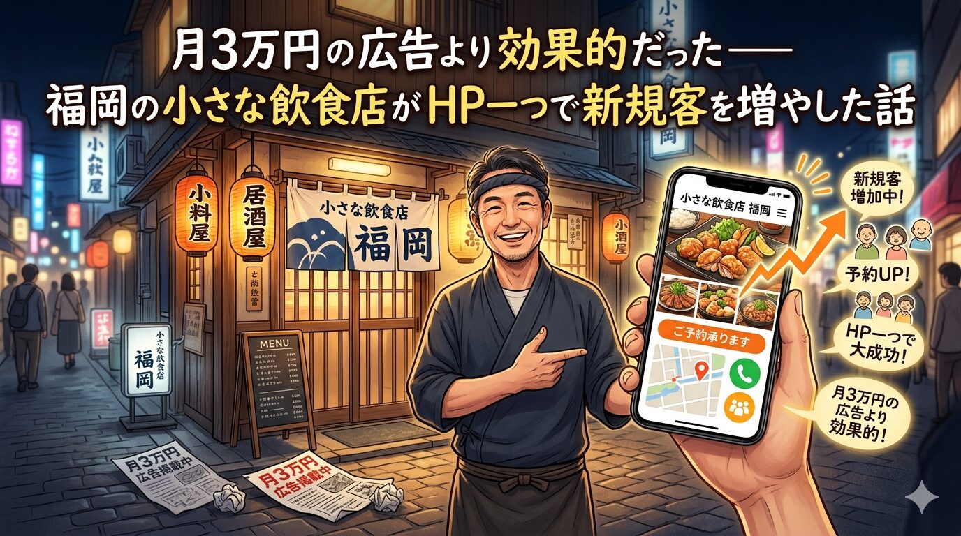 福岡の小さな飲食店オーナーがスマートフォンのホームページを見せながら笑顔で立つイラスト。新規客増加・予約UP・月3万円の広告より効果的という成果が吹き出しで表現されている。