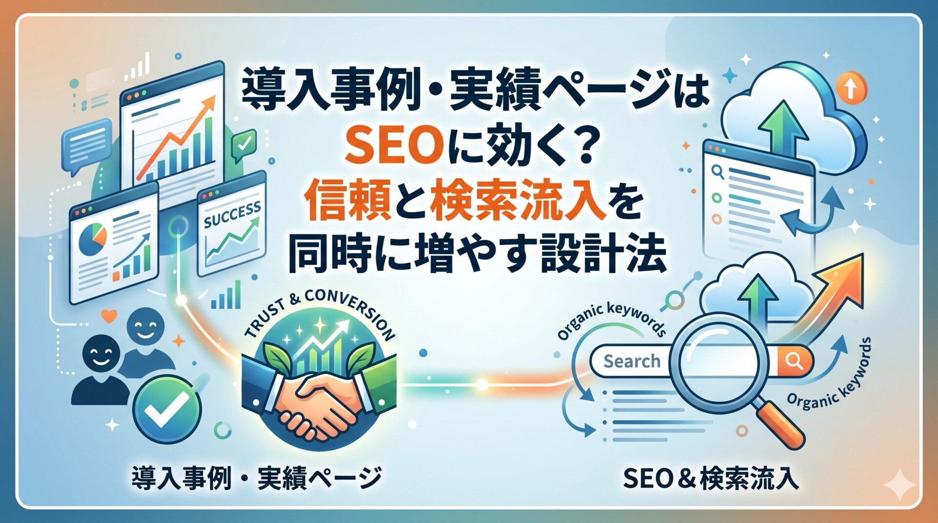 導入事例・実績ページとサービスページSEOの関係を図解したアイキャッチ画像。左側に実績・成果グラフ・信頼構築のイラスト、右側にオーガニックキーワードと検索流入の増加を表す矢印を配置し、信頼と検索流入を同時に伸ばす設計法を視覚化。