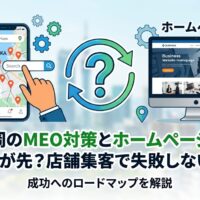 福岡のMEO対策（Googleマップ検索）とホームページのどちらを先に取り組むべきかを、スマートフォンのGoogle Mapsとパソコンのビジネスサイトを左右に配置し、中央のクエスチョンマークと循環矢印で図解したアイキャッチ画像