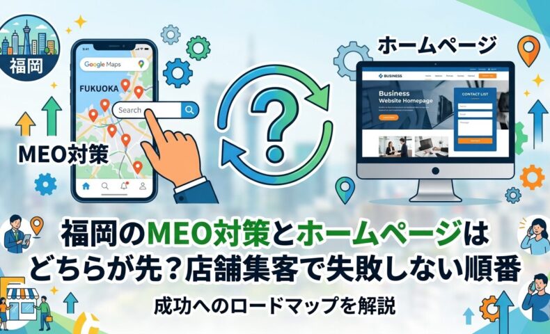 福岡のMEO対策（Googleマップ検索）とホームページのどちらを先に取り組むべきかを、スマートフォンのGoogle Mapsとパソコンのビジネスサイトを左右に配置し、中央のクエスチョンマークと循環矢印で図解したアイキャッチ画像