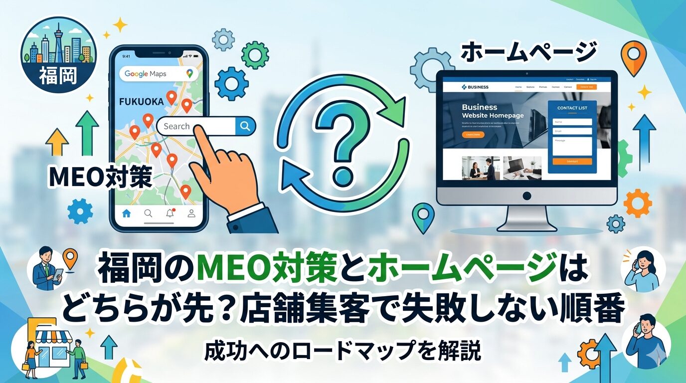 福岡のMEO対策(Googleマップ検索)とホームページのどちらを先に取り組むべきかを、スマートフォンのGoogle Mapsとパソコンのビジネスサイトを左右に配置し、中央のクエスチョンマークと循環矢印で図解したアイキャッチ画像