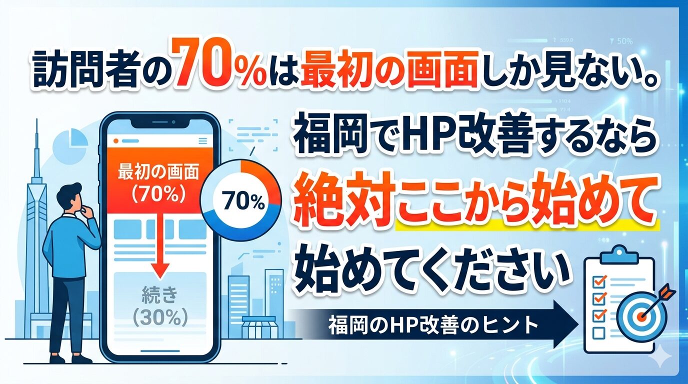 訪問者の70%はファーストビューしか見ないことを円グラフとスマートフォン画面で図解したアイキャッチ画像。福岡でHP改善するなら絶対ここから始めてくださいというメッセージと、最初の画面70%・続き30%の割合をビジュアルで表現。