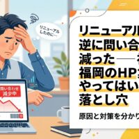 福岡のホームページリニューアル後に問い合わせが減った原因を解説｜頭を抱える男性とパソコンに表示された問い合わせ減少グラフのアイキャッチ画像