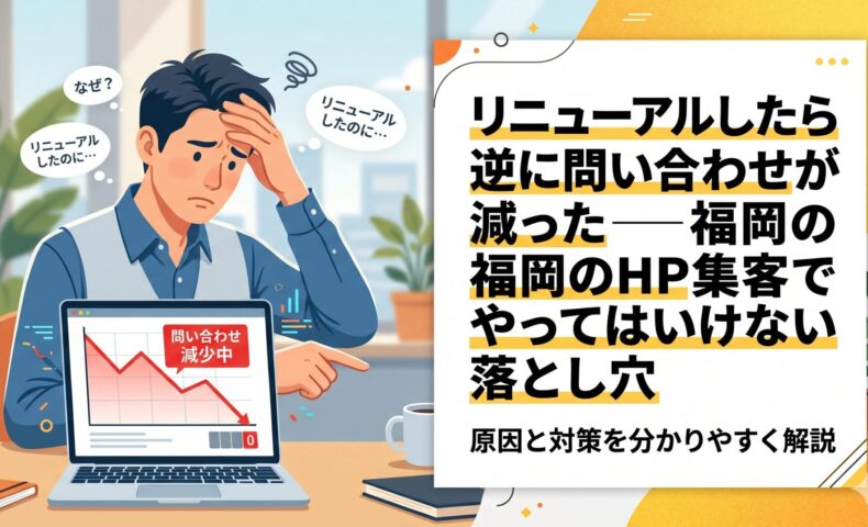 福岡のホームページリニューアル後に問い合わせが減った原因を解説｜頭を抱える男性とパソコンに表示された問い合わせ減少グラフのアイキャッチ画像