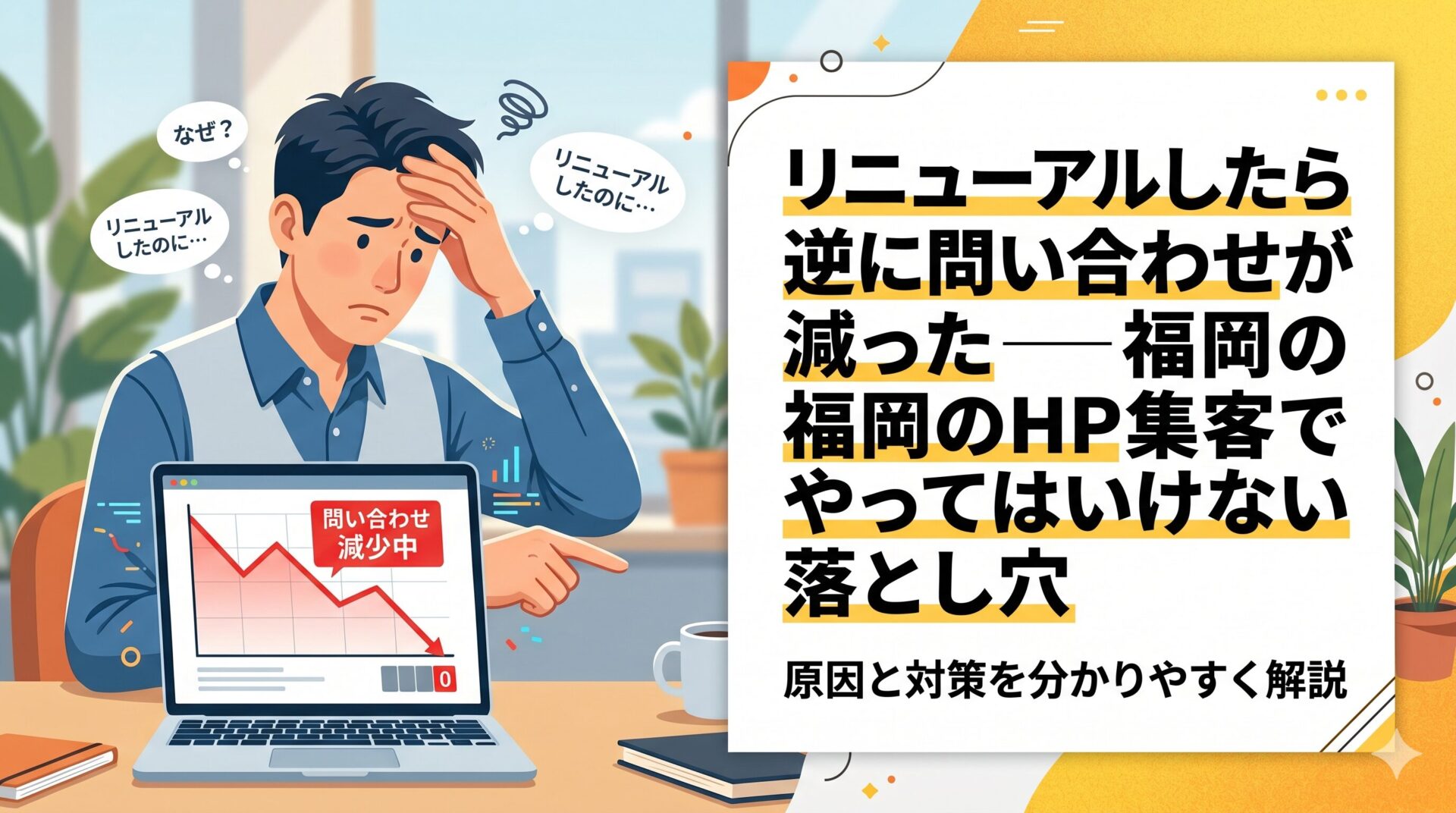 福岡のホームページリニューアル後に問い合わせが減った原因を解説|頭を抱える男性とパソコンに表示された問い合わせ減少グラフのアイキャッチ画像