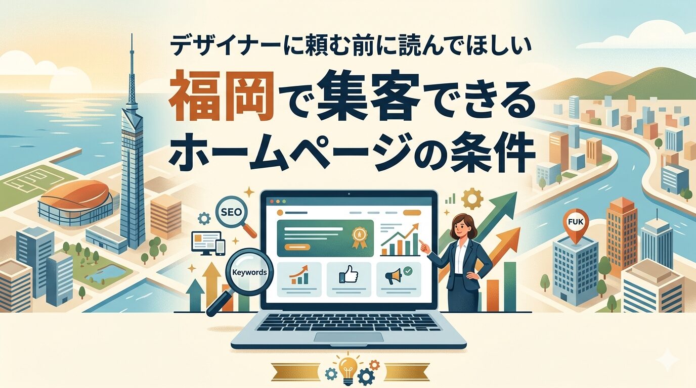 福岡で集客できるホームページのデザイン条件を、SEO・キーワード・導線設計の観点から図解したアイキャッチ画像