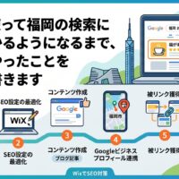 福岡でWixサイトが検索上位に表示されるまでの6ステップを図解したインフォグラフィック。キーワード選定・SEO設定の最適化・コンテンツ作成・Googleビジネスプロフィール連携・被リンク獲得・効果測定と改善の順番を示したアイキャッチ画像