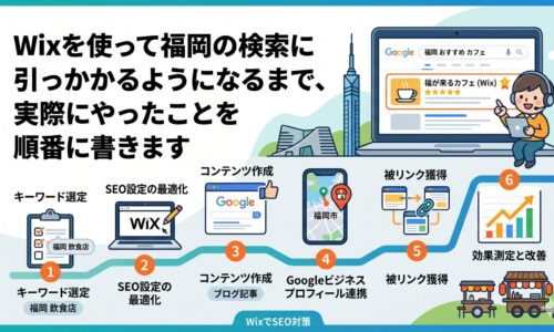 福岡でWixサイトが検索上位に表示されるまでの6ステップを図解したインフォグラフィック。キーワード選定・SEO設定の最適化・コンテンツ作成・Googleビジネスプロフィール連携・被リンク獲得・効果測定と改善の順番を示したアイキャッチ画像