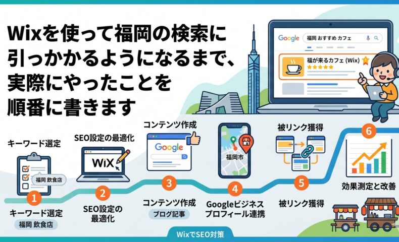 福岡でWixサイトが検索上位に表示されるまでの6ステップを図解したインフォグラフィック。キーワード選定・SEO設定の最適化・コンテンツ作成・Googleビジネスプロフィール連携・被リンク獲得・効果測定と改善の順番を示したアイキャッチ画像