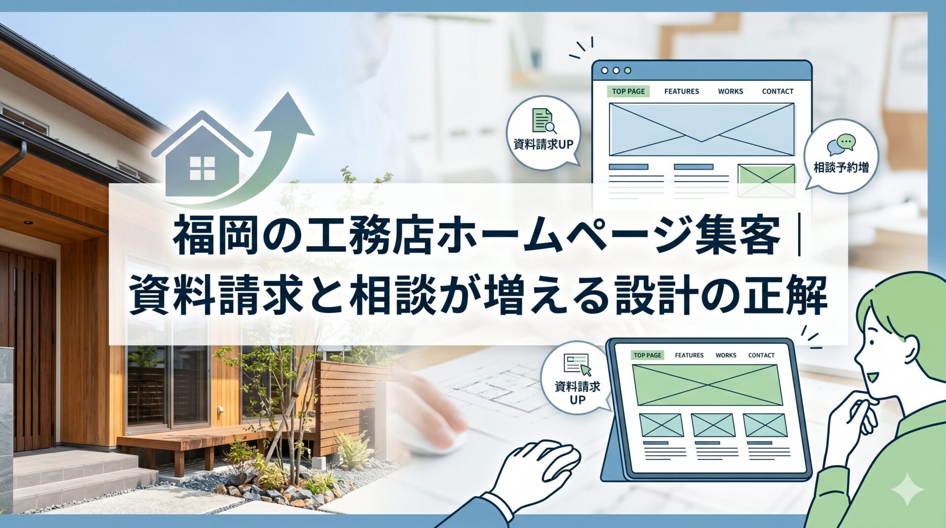 木目調の外観が美しい福岡の工務店ホームページ集客を解説したアイキャッチ画像。左に施工実例の住宅外観写真、右上に「資料請求UP」「相談予約増」のバルーンとワイヤーフレームのHP画面、右下にタブレットでサイトを確認する人物と「資料請求UP」バルーンを配置。