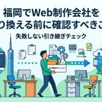 福岡でWeb制作会社を乗り換える前に確認すべき引き継ぎチェックを図解したアイキャッチ画像。書類やサーバー・デザインデータを抱えた男性が旧オフィスから新オフィスへ移動する様子と、福岡タワーや街並みを背景に乗り換えの流れを表現。