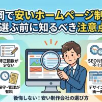 福岡で安いホームページ制作を選ぶ前に知るべき注意点を図解したアイキャッチ画像。追加費用・修正回数・SEO対策不十分・保守管理有料・デザイン画一的・アフターサポートなしの6つのリスクをイラストで紹介。