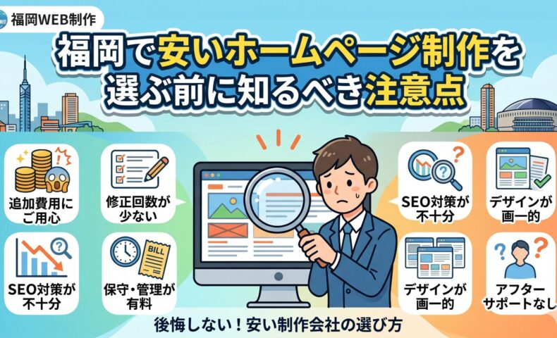 福岡で安いホームページ制作を選ぶ前に知るべき注意点を図解したアイキャッチ画像。追加費用・修正回数・SEO対策不十分・保守管理有料・デザイン画一的・アフターサポートなしの6つのリスクをイラストで紹介。