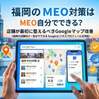 福岡のMEO対策を自分で行う店舗向けに、GoogleマップとGoogleビジネスプロフィール（GBP）の操作画面をタブレットとスマートフォンで表示し、クチコミ評価4.8・120件・最適化中と表示されたアイキャッチ画像
