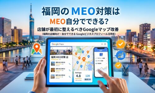 福岡のMEO対策を自分で行う店舗向けに、GoogleマップとGoogleビジネスプロフィール（GBP）の操作画面をタブレットとスマートフォンで表示し、クチコミ評価4.8・120件・最適化中と表示されたアイキャッチ画像