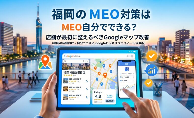 福岡のMEO対策を自分で行う店舗向けに、GoogleマップとGoogleビジネスプロフィール（GBP）の操作画面をタブレットとスマートフォンで表示し、クチコミ評価4.8・120件・最適化中と表示されたアイキャッチ画像