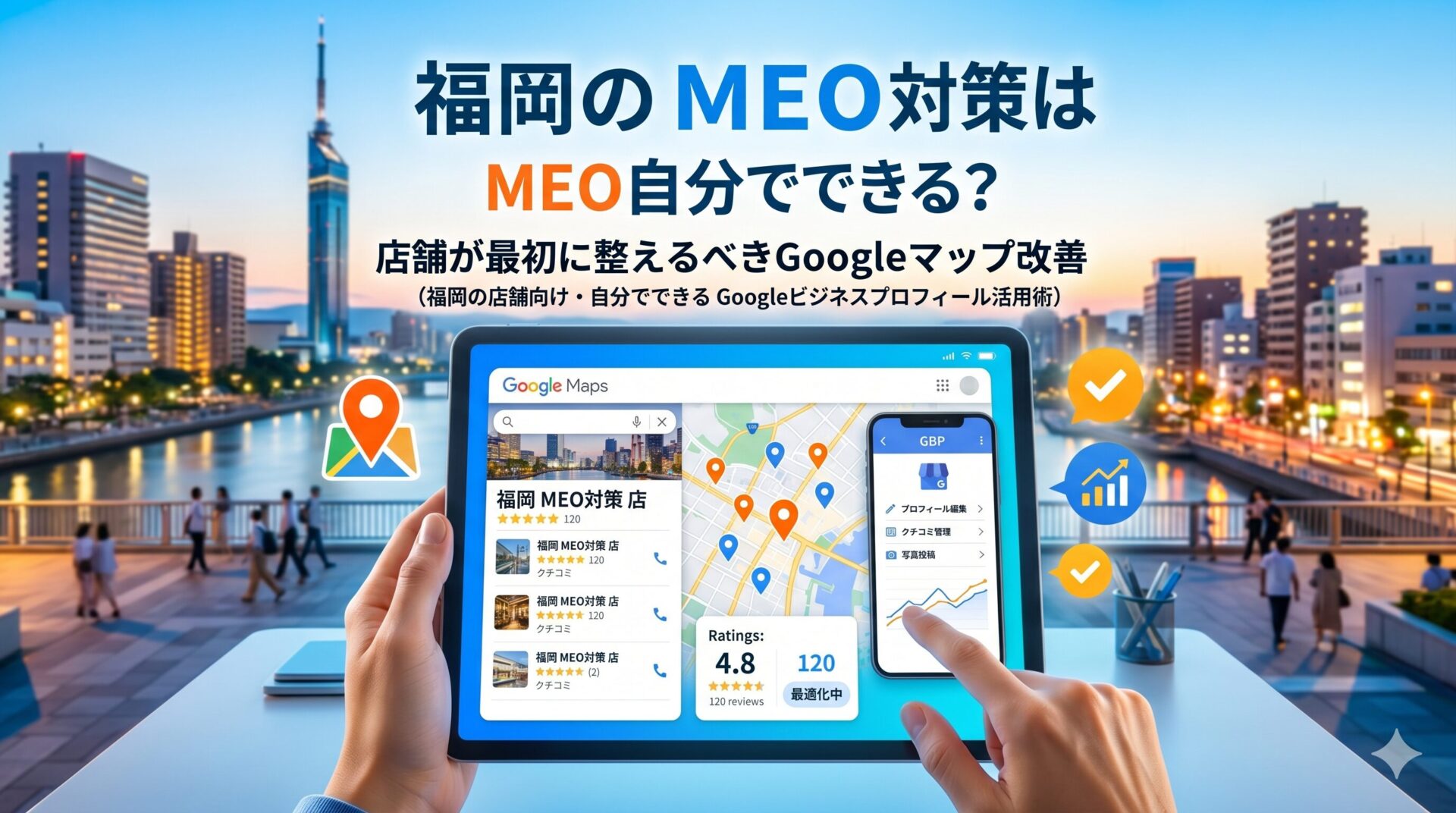 福岡のMEO対策を自分で行う店舗向けに、GoogleマップとGoogleビジネスプロフィール(GBP)の操作画面をタブレットとスマートフォンで表示し、クチコミ評価4.8・120件・最適化中と表示されたアイキャッチ画像