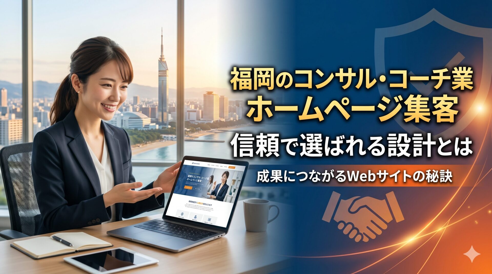 福岡のコンサル・コーチ業ホームページ集客と信頼で選ばれる設計を解説した記事のアイキャッチ画像。福岡の街並みを背景に女性コンサルタントがノートパソコンでホームページを提案し、盾・握手・Webサイト画面のイラストで信頼構築と成果につながるWeb集客の流れを表現。