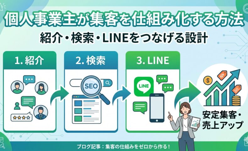 個人事業主が集客を仕組み化する方法を図解したアイキャッチ画像。紹介・検索（SEO）・LINEの3ステップが矢印でつながり、安定集客・売上アップへと導く流れを表現。