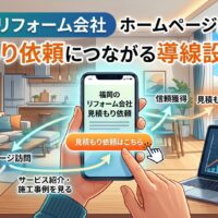 福岡のリフォーム会社ホームページ集客を解説するイラスト。スマートフォンで見積もり依頼ボタンを操作する手と、ホームページ訪問から信頼獲得・見積もり依頼へと至る導線フロー、右上に福岡タワーと集客グラフを配置したアイキャッチ画像